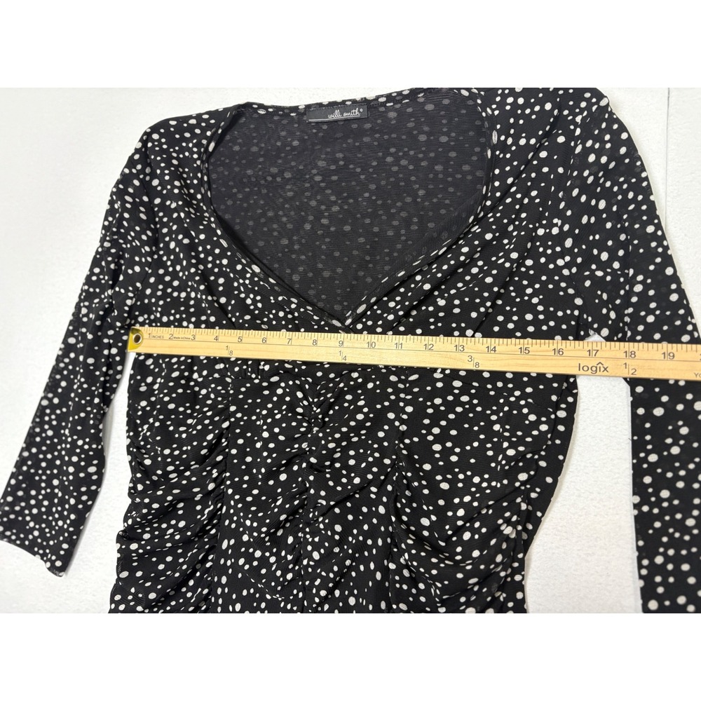Willi Smith Womens Black Polka Dot Ruched V-Neck 3/4 Sleeve Mesh Top Large - Picture 6 of 6